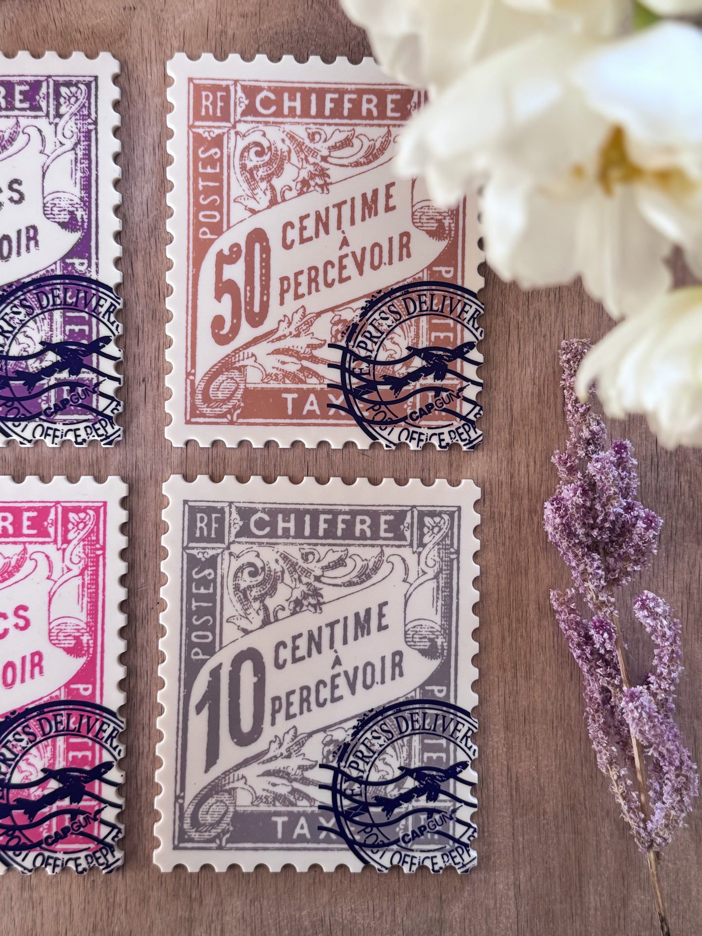Vintage French Stamp Coaster Set (Set of 6 with Envelope Stand)