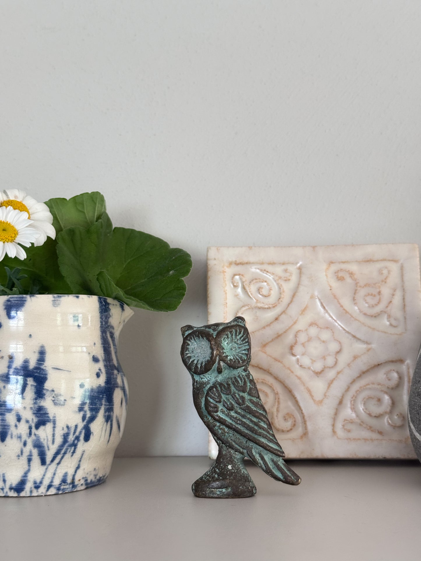Vintage Miniature Brass Owl Figurine with Verdigris