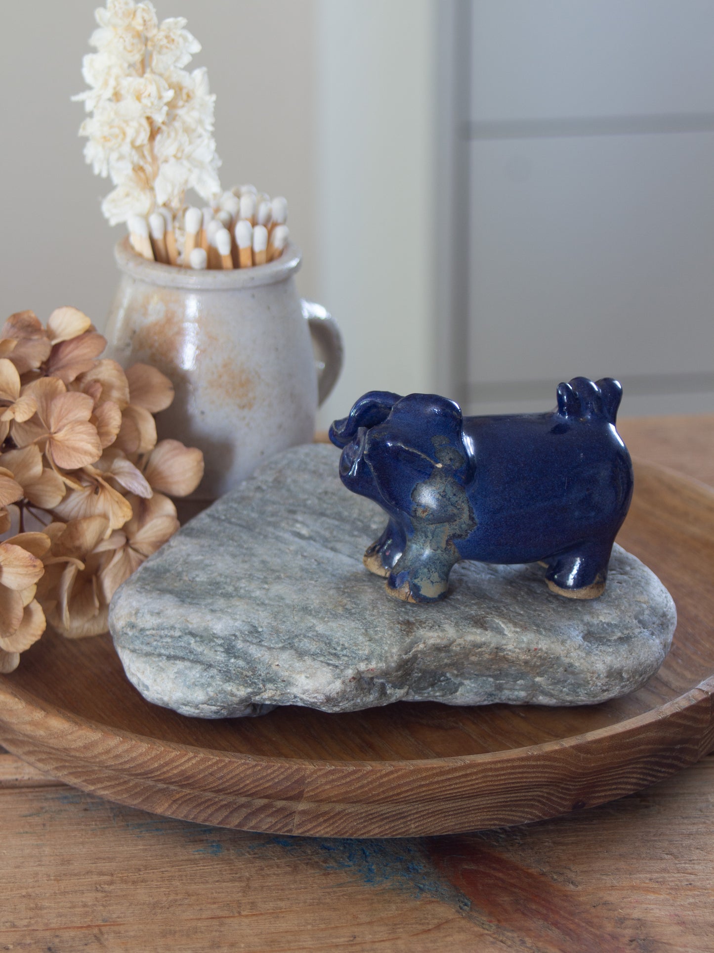 Vintage Studio Pottery Folk Art Pig Figure in Cobalt Blue Glaze
