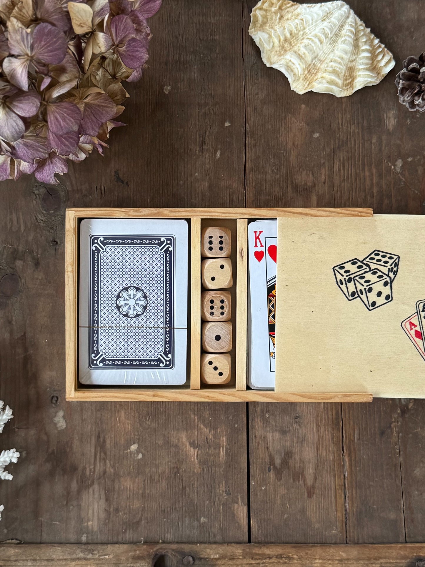 Vintage Cards & Dice Set in Wooden Slide-Top Box