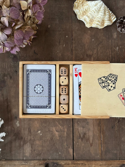 Vintage Cards & Dice Set in Wooden Slide-Top Box