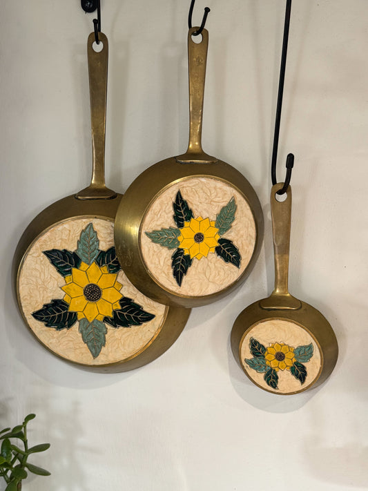 Vintage Solid Brass Graduating Pans with Enamel Sunflower Design (Set of 3)