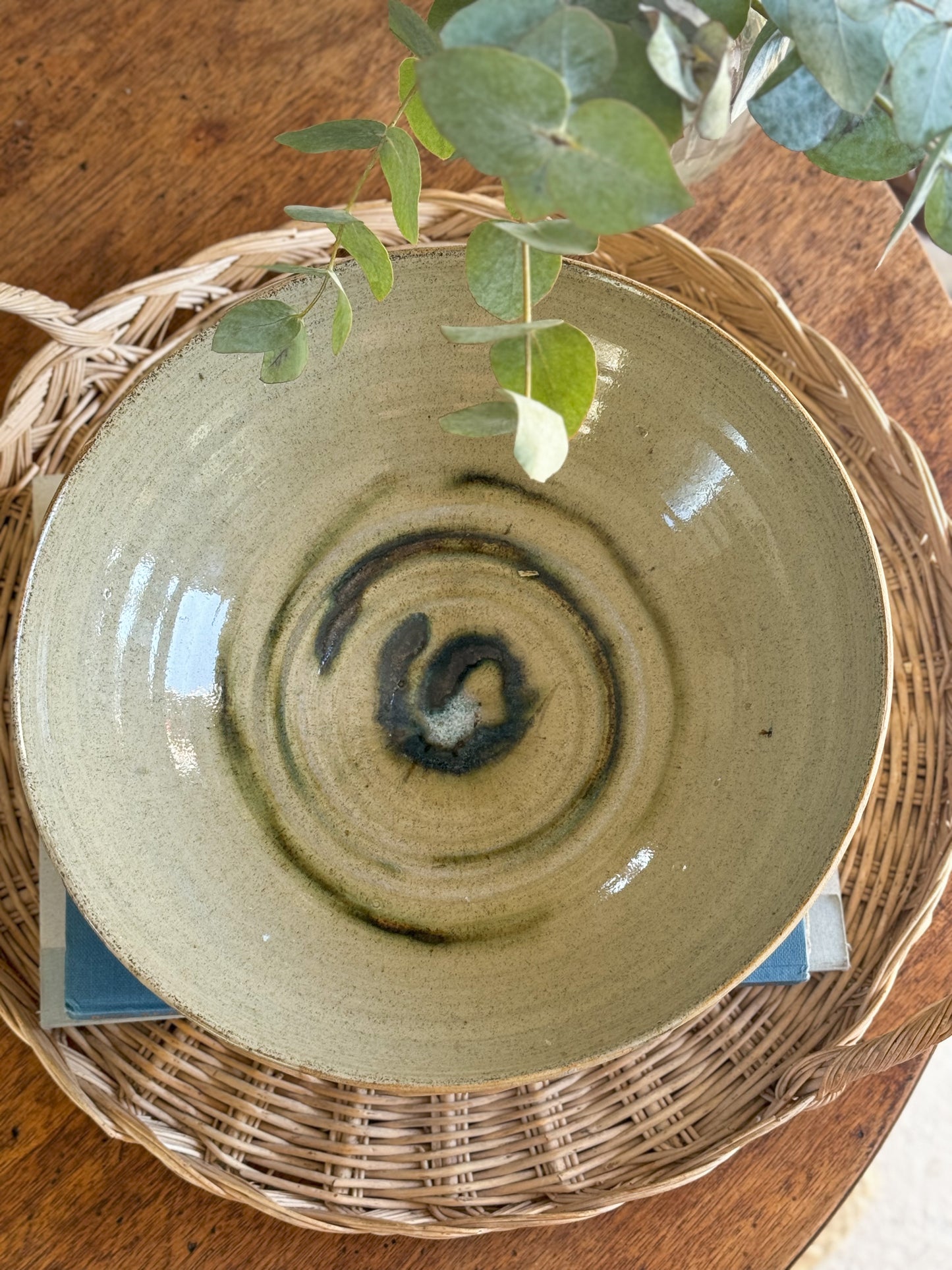 Large Studio Pottery Neutral Olive Green Swirl Bowl