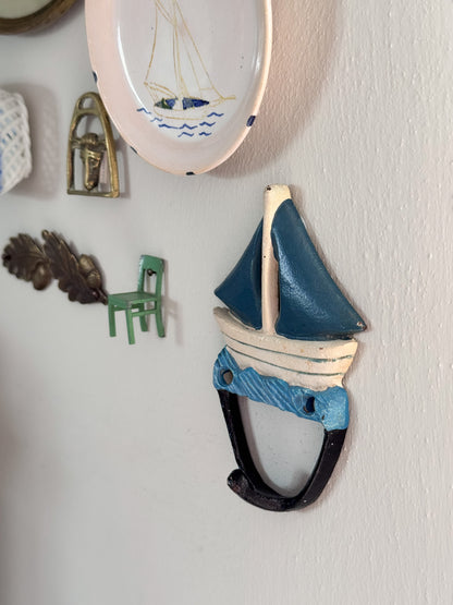 Vintage Hand-Painted Cast Iron Sailing Boat Wall Hook