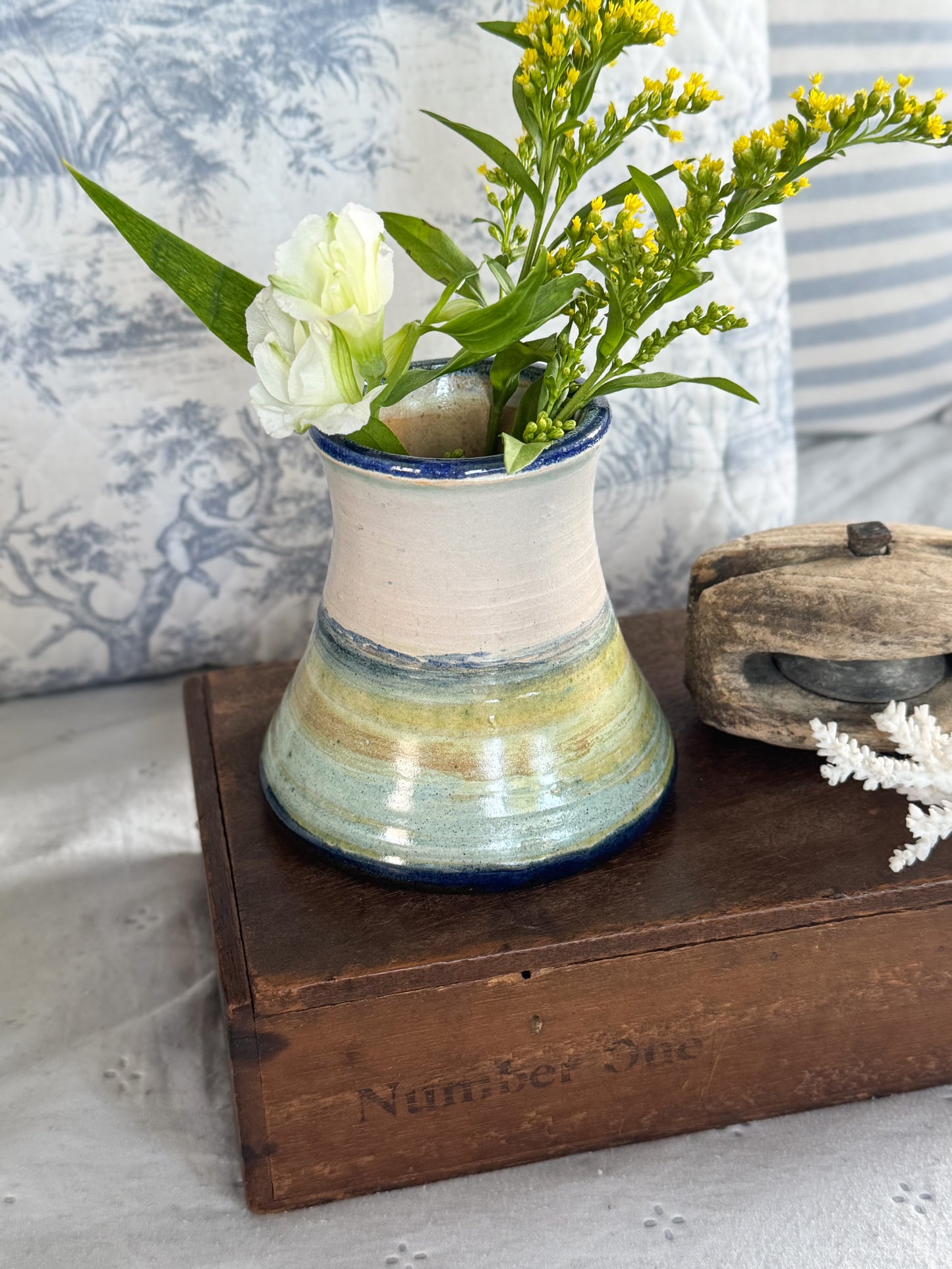 Vintage Studio Pottery Folk Art Vase - Sea Spray Glaze