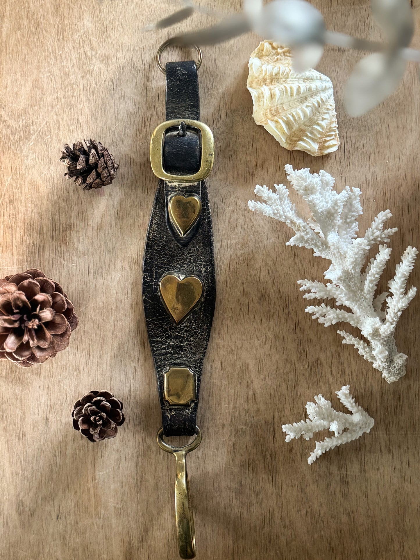 Vintage Folk Art Leather & Brass Heart Harness Strap