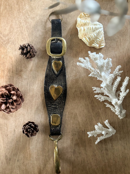 Vintage Folk Art Leather & Brass Heart Harness Strap