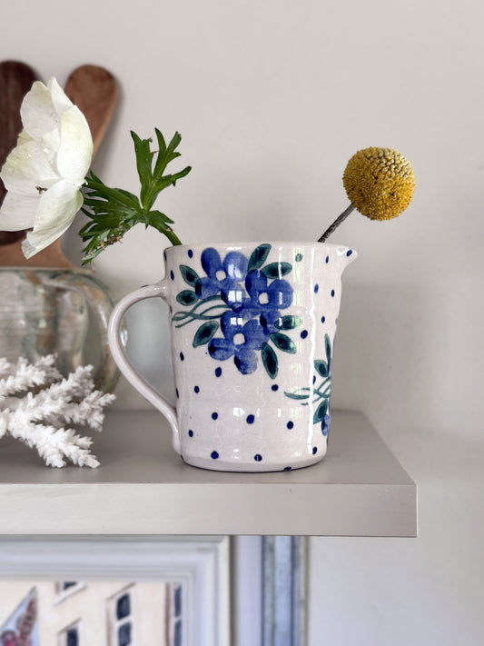 Vintage Blue Floral Polka Dot Spongeware Jug by Bell Pottery,  Oxfordshire