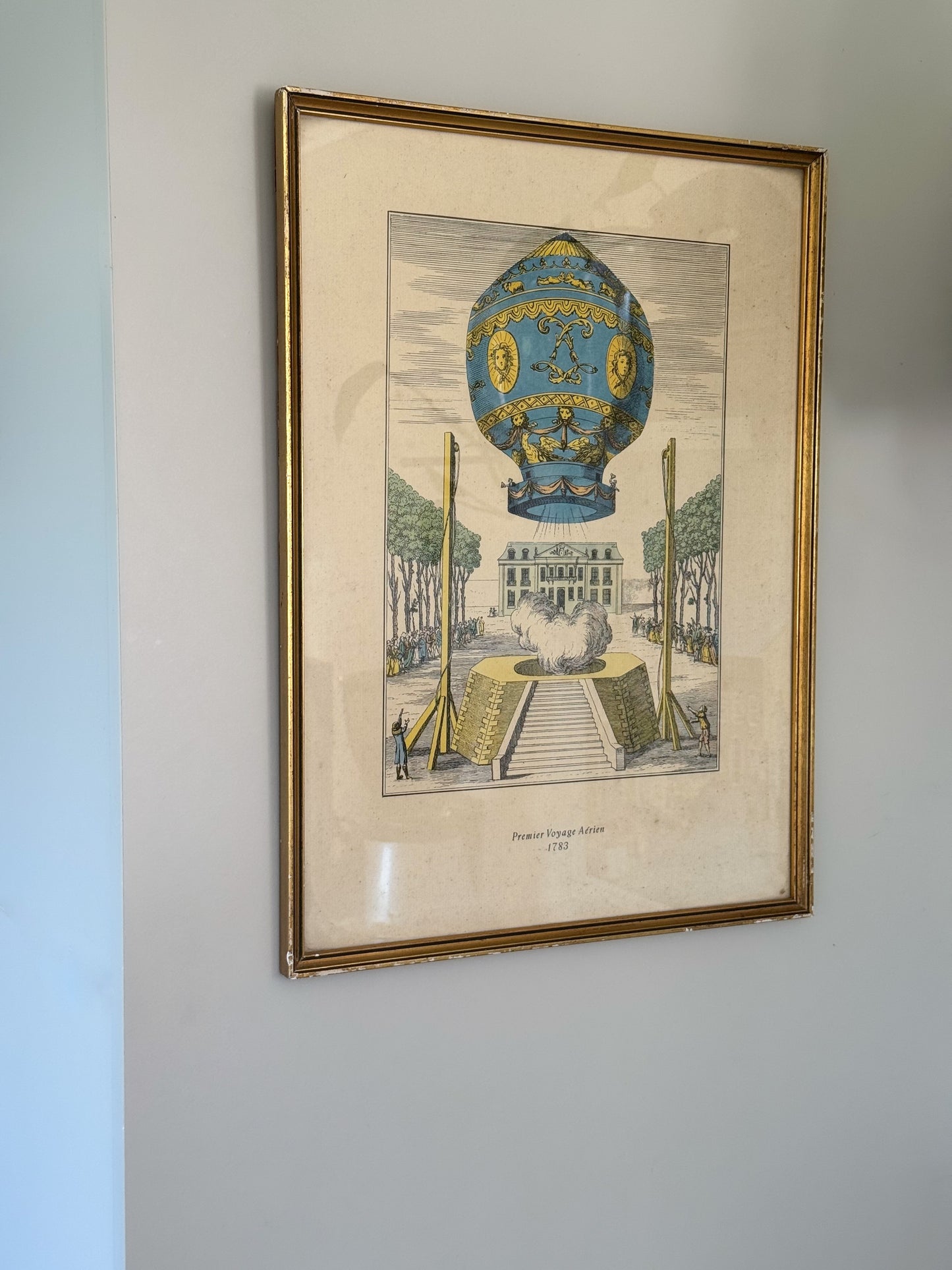 Antique French Framed Hot Air Balloon Etching, “Premier Voyage Aérien, 1783”
