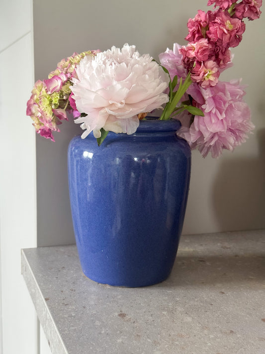 Antique Victorian Blue Glazed Stoneware Pot with Drip Glaze Interior