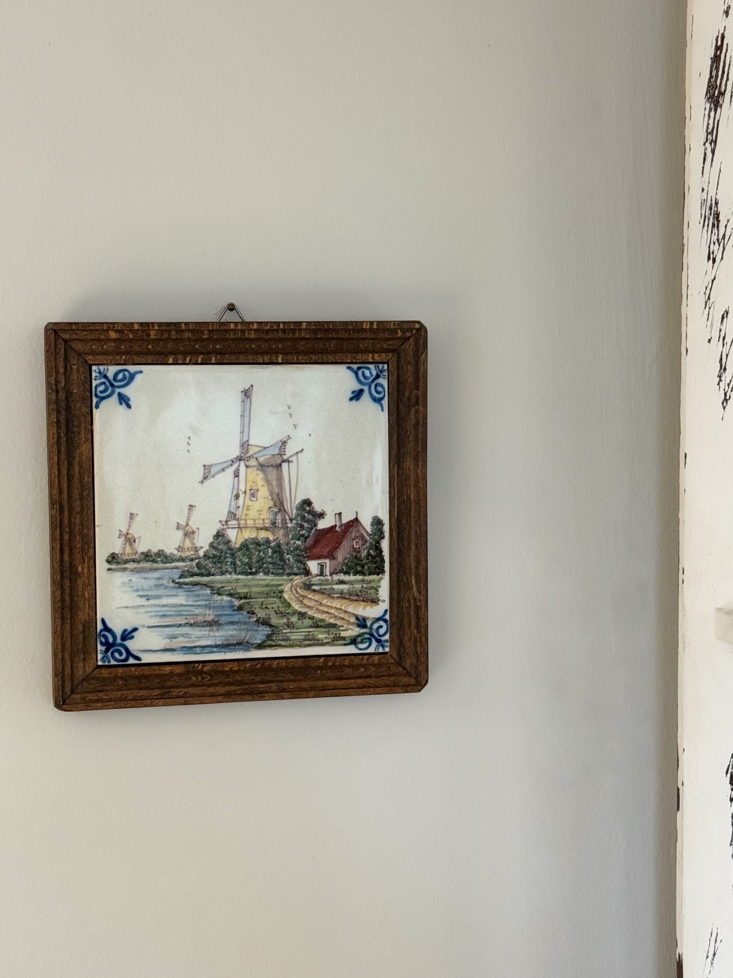 Vintage Harlingen Holland Framed Delft Ceramic Tile - Windmill Scene