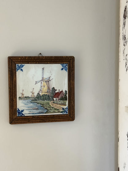 Vintage Harlingen Holland Framed Delft Ceramic Tile - Windmill Scene