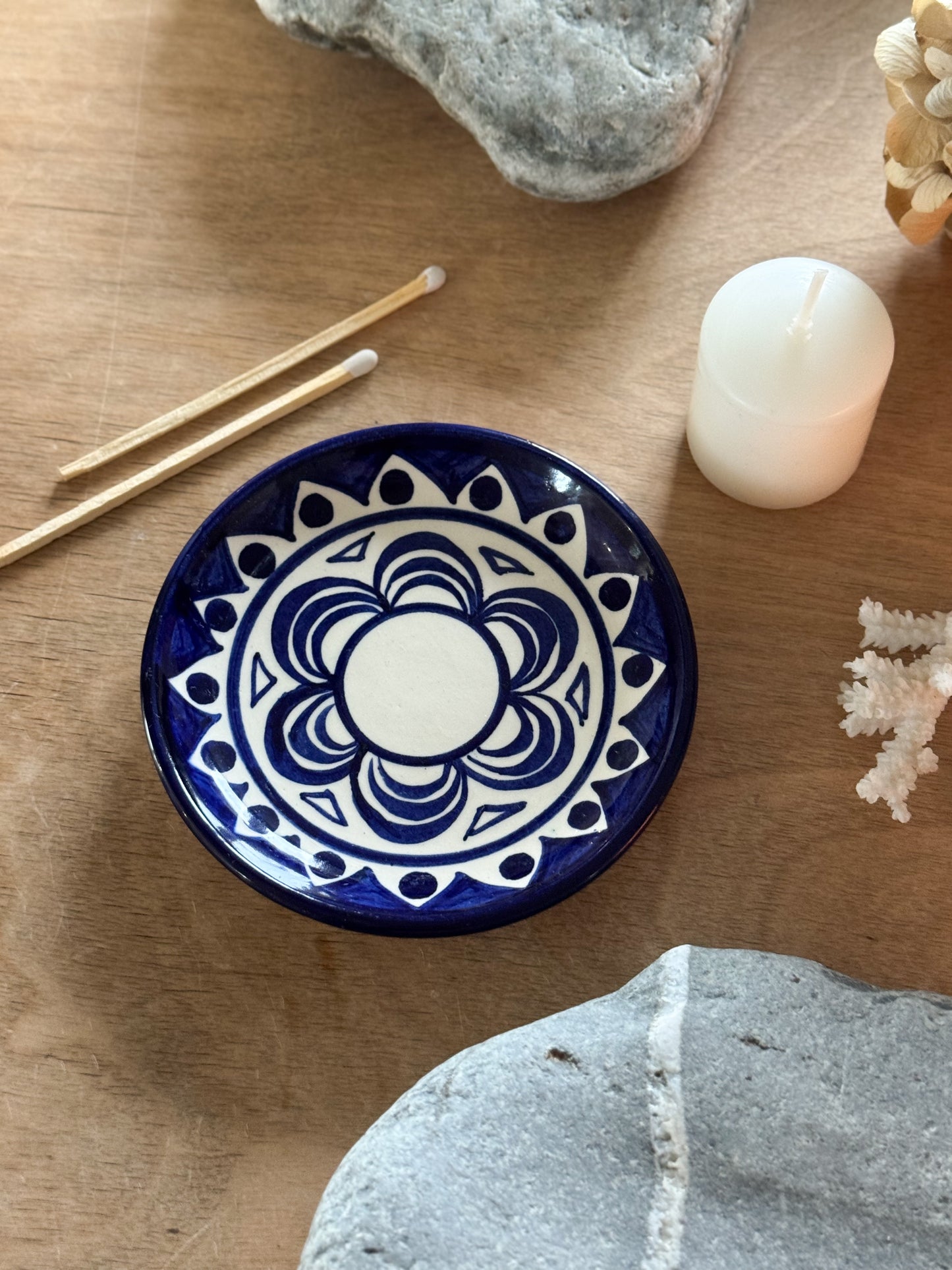 Vintage French Hand-Painted Blue Floral Trinket Dish