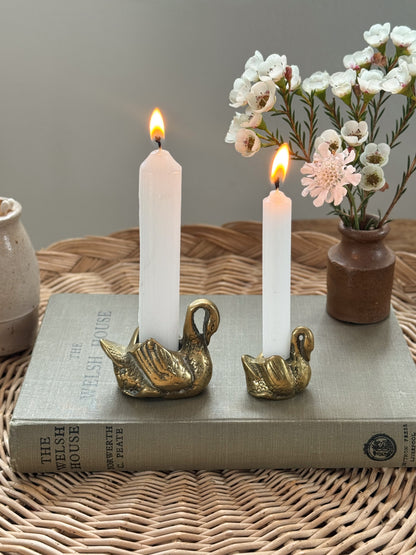 Pair of Vintage Solid Brass Swan Candle Holders / Match Pot