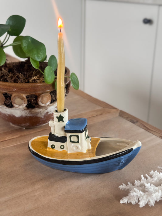 Vintage Dartmouth Pottery Devon Boat Candle Holder/Match Pot (with Beeswax Candles)