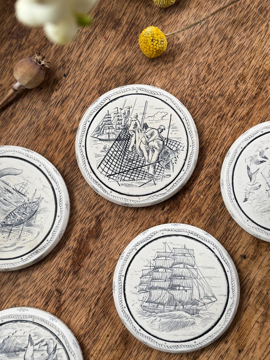 Set of 6 Vintage Etched Ceramic Nautical Coasters