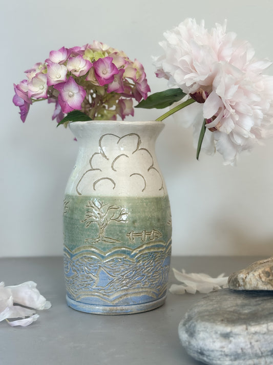 Vintage Studio Pottery Landscape Vase with Impressed Rural Scene