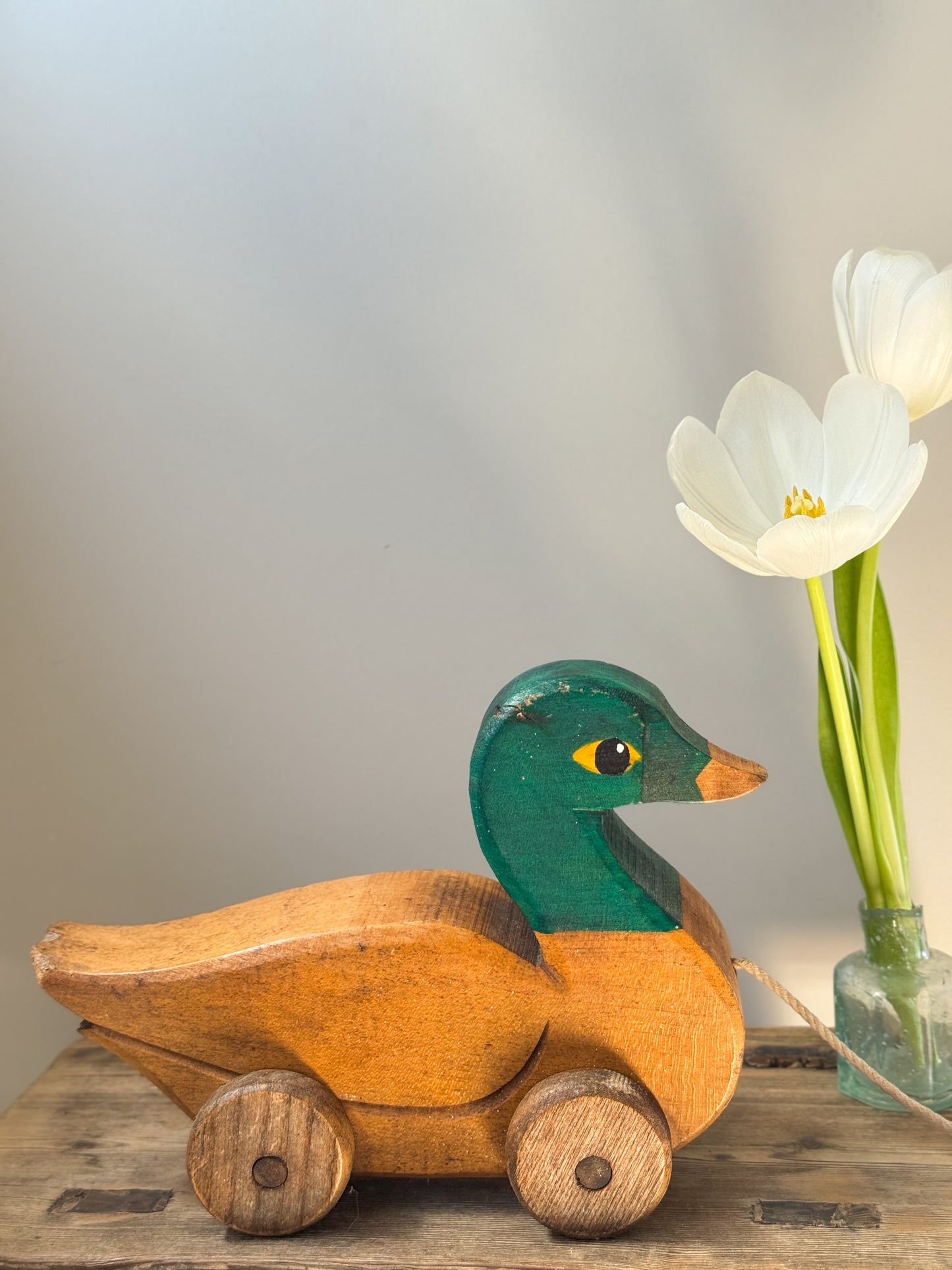 Vintage 1950s Handmade Wooden Pull Along Duck Toy