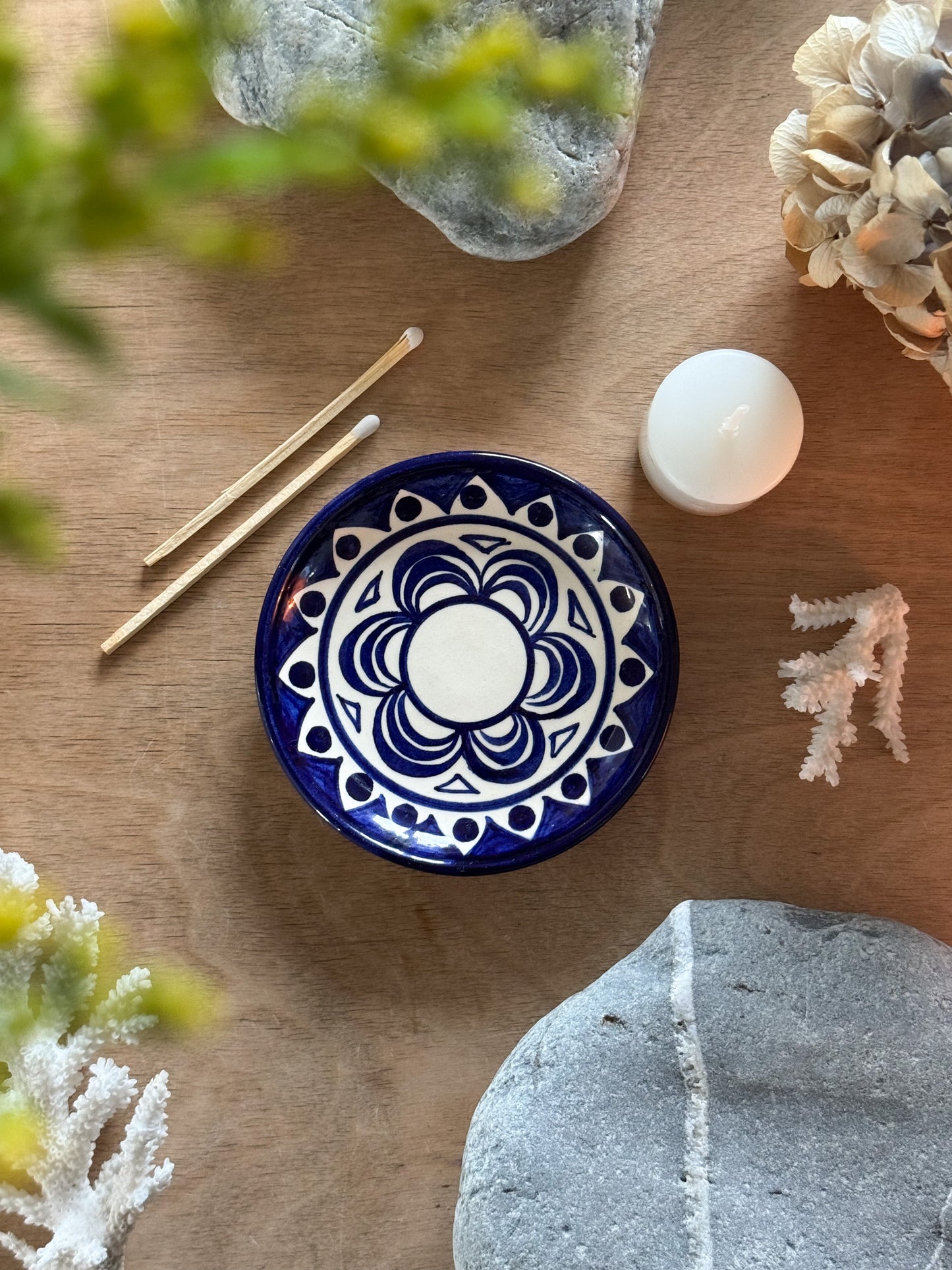 Vintage French Hand-Painted Blue Floral Trinket Dish