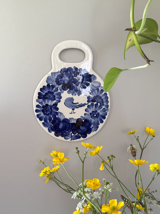 Vintage Handmade Polish Faience Wall Plaque – Blue Bird & Florals