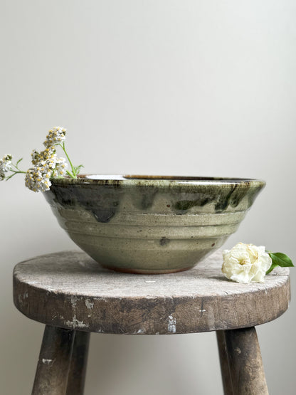 Studio Pottery Olive Green Drip Glaze Fruit Bowl