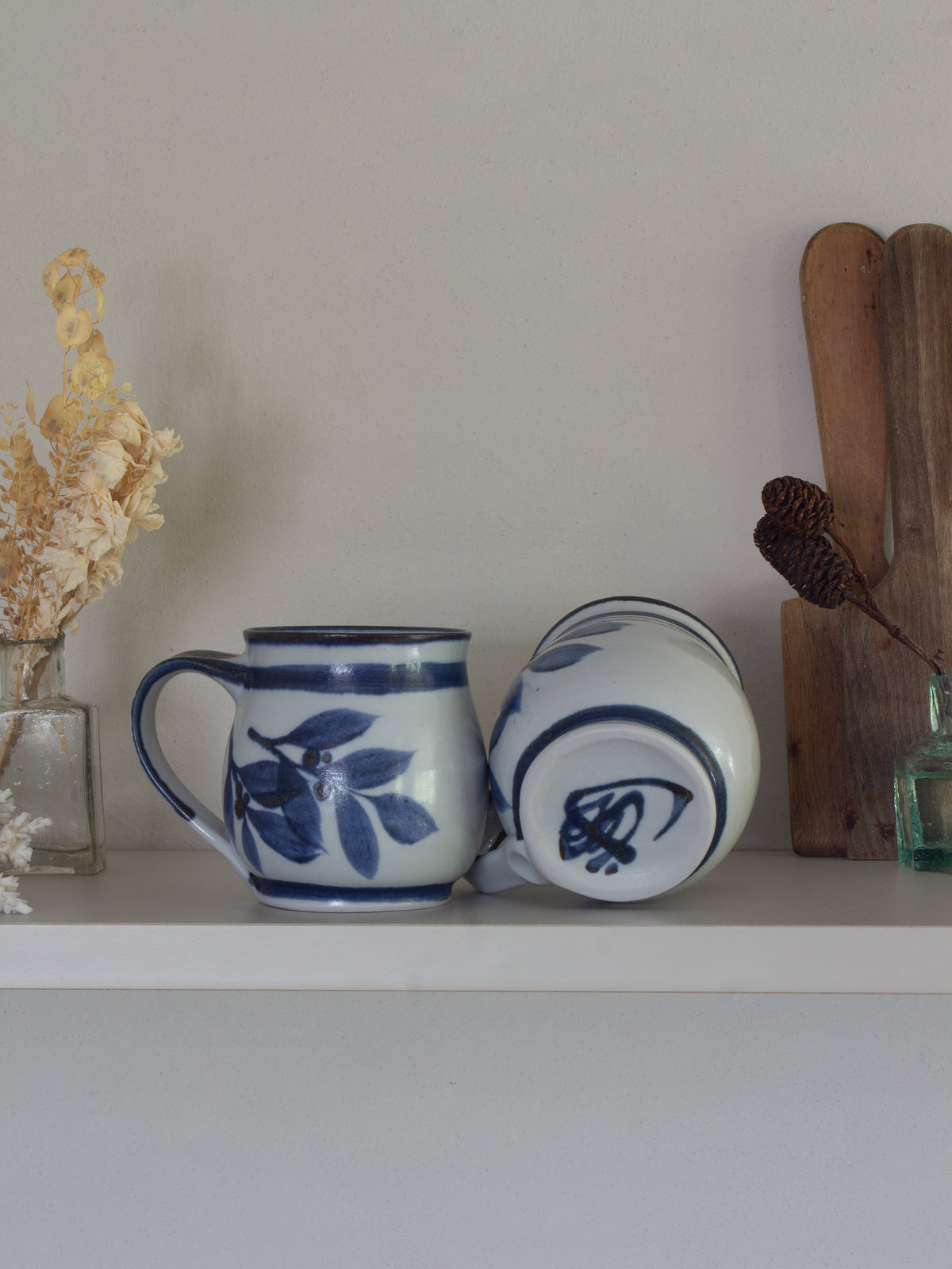 Vintage Quayside Pottery Blue & White Botanical Mugs - Pair