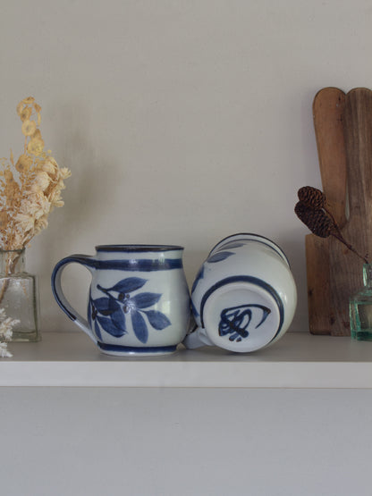 Vintage Quayside Pottery Blue & White Botanical Mugs - Pair