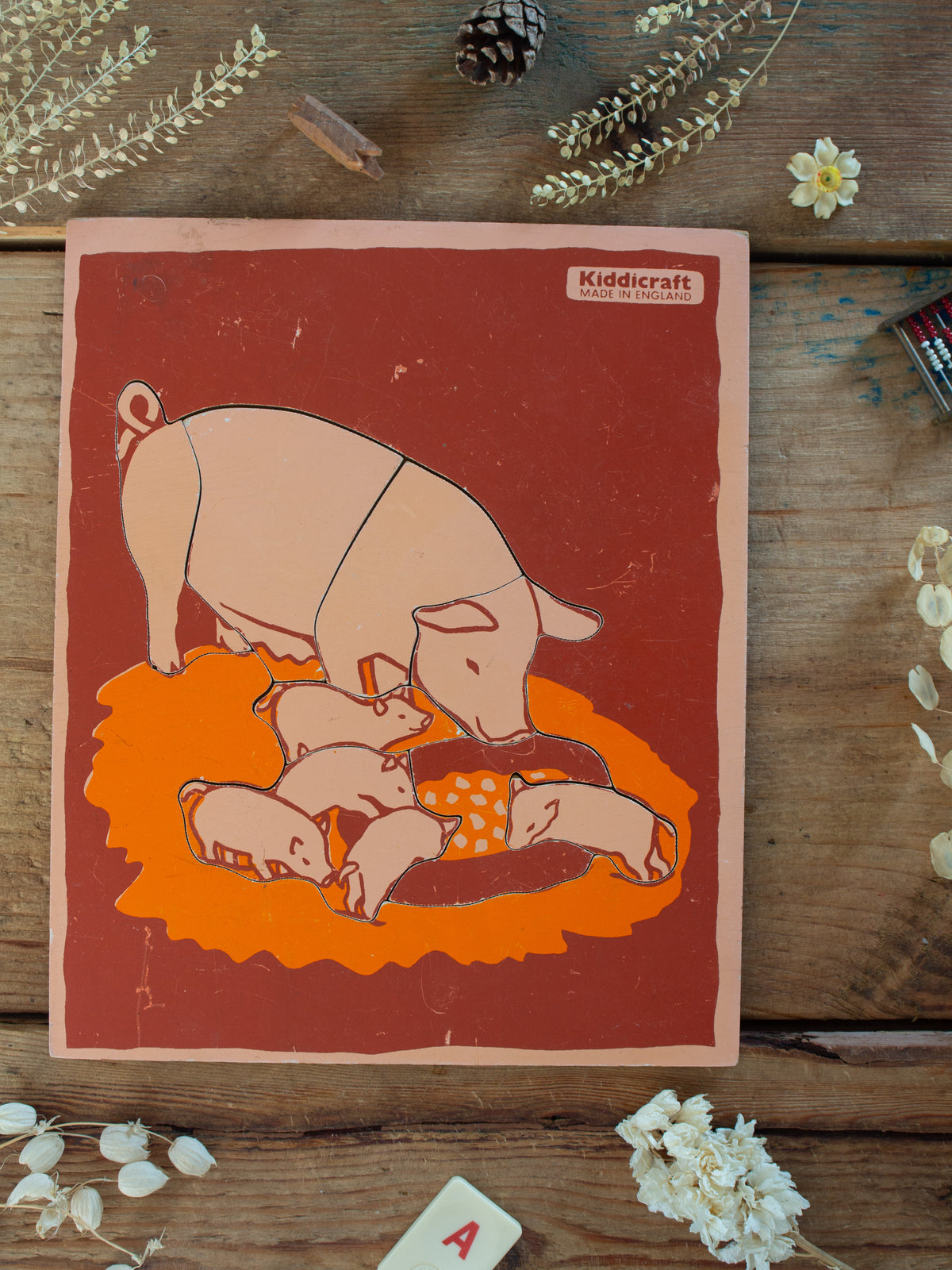 Vintage 1960s Kiddicraft Wooden Pig & Piglets Jigsaw Puzzle, Made in England
