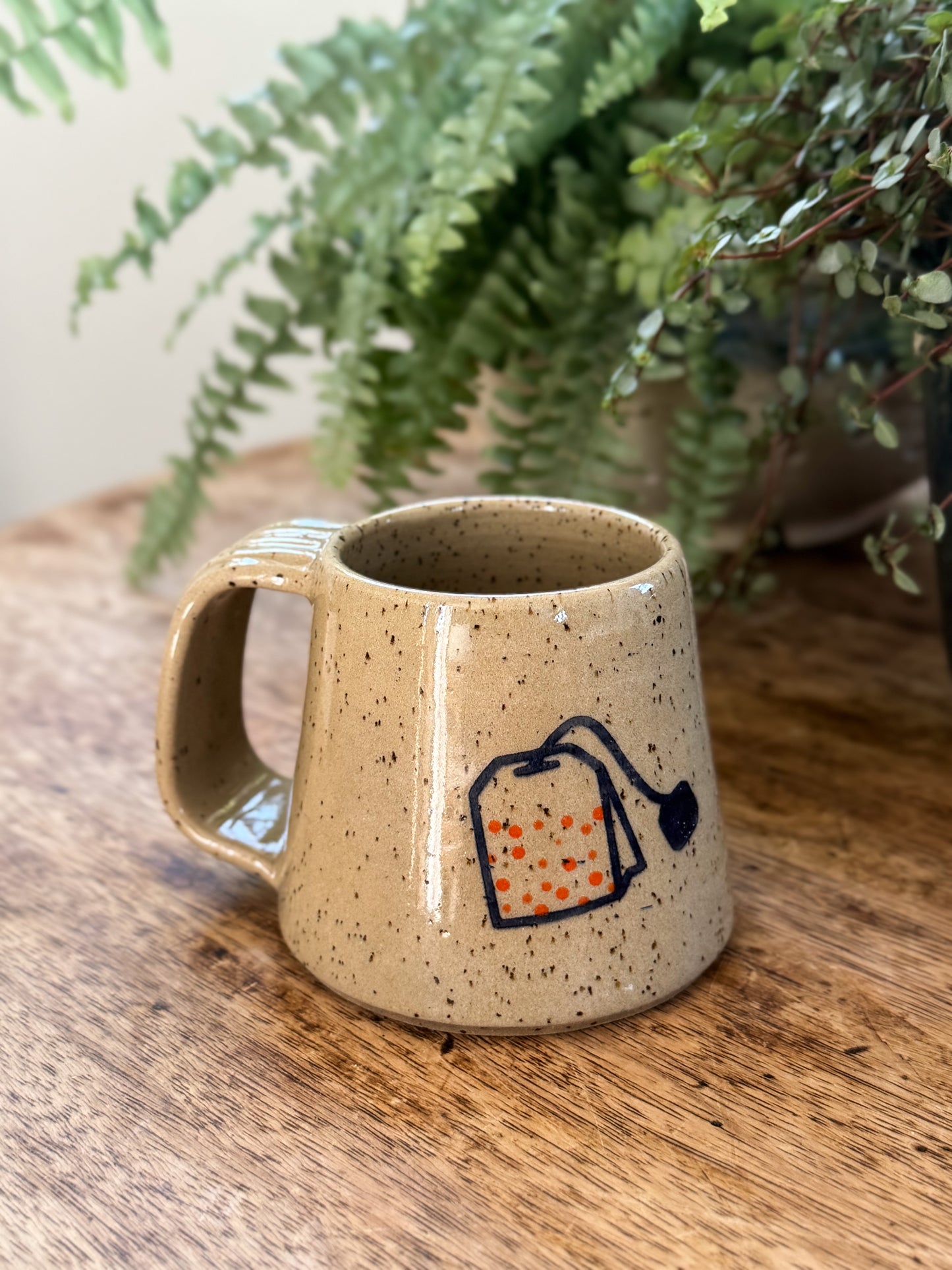 Studio Pottery Teabag Mug, Hand-Painted with Speckled Glaze