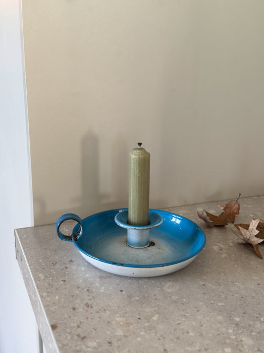 Vintage French Enamel Chamberstick - Two-Tone Blue & White