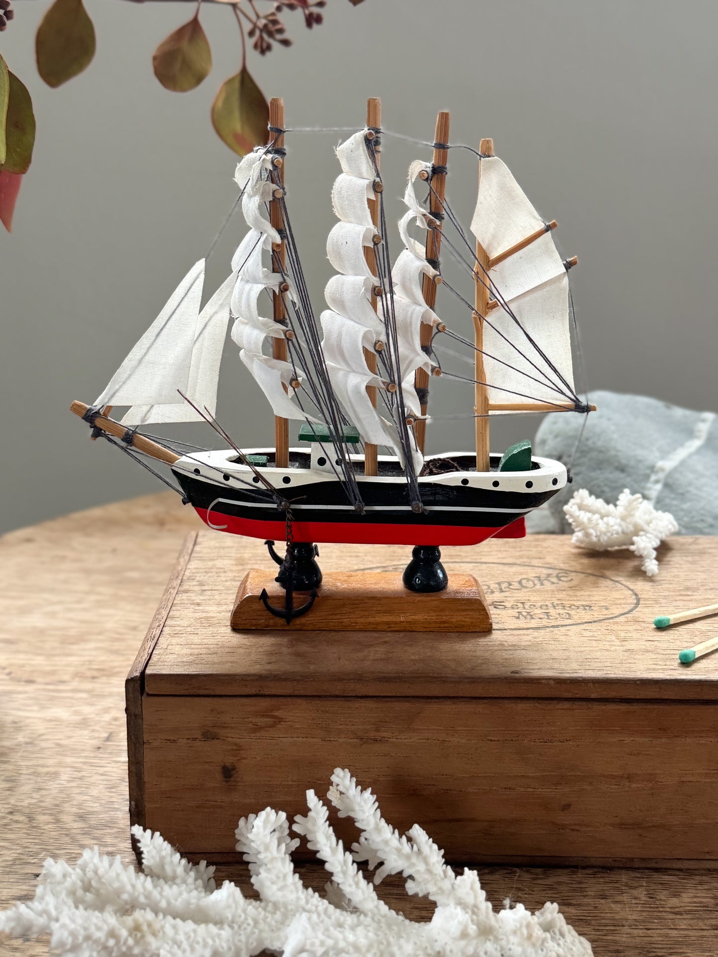 Vintage Handmade & Hand-Painted Wooden Tall Ship