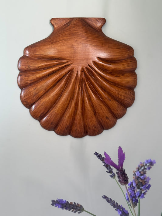 Vintage Large Hand-Carved Wooden Scalloped Shell Wall Hanging
