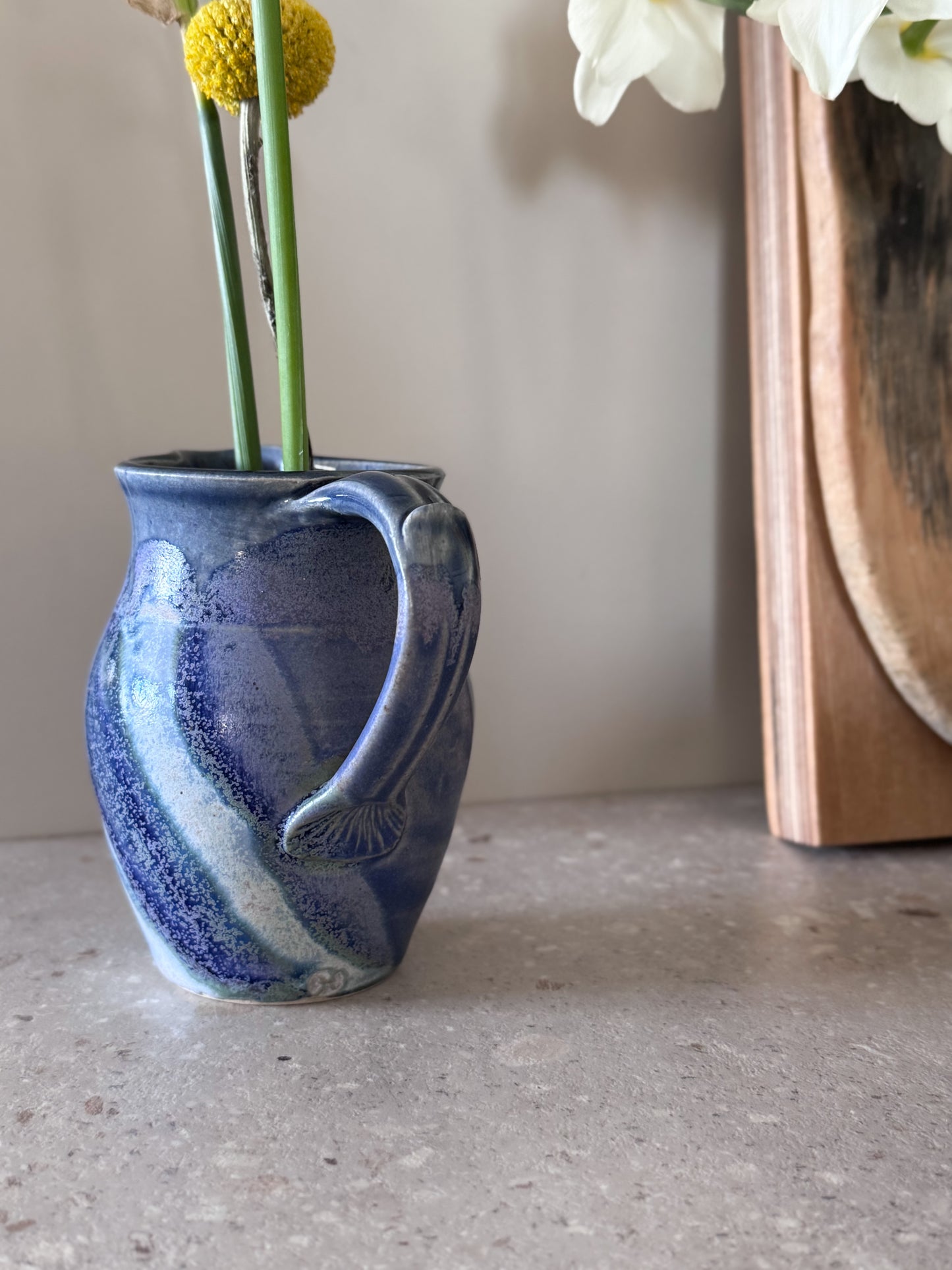 Vintage Studio Pottery Blue Drip Glaze Jug with Shell Seal