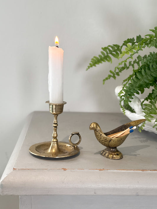 Vintage Brass Candle Holder & Bird Match Holder - The Perfect Pair