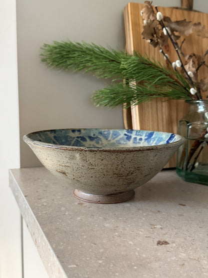 Large Vintage Studio Pottery Bowl with Painterly Blue Glaze