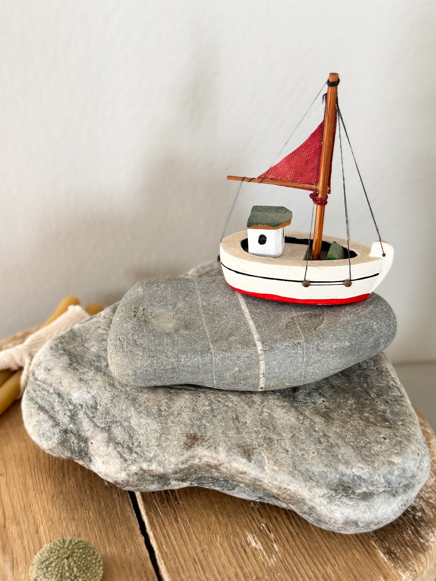 Vintage Handmade Wooden Sailing Boat (Red Sail)