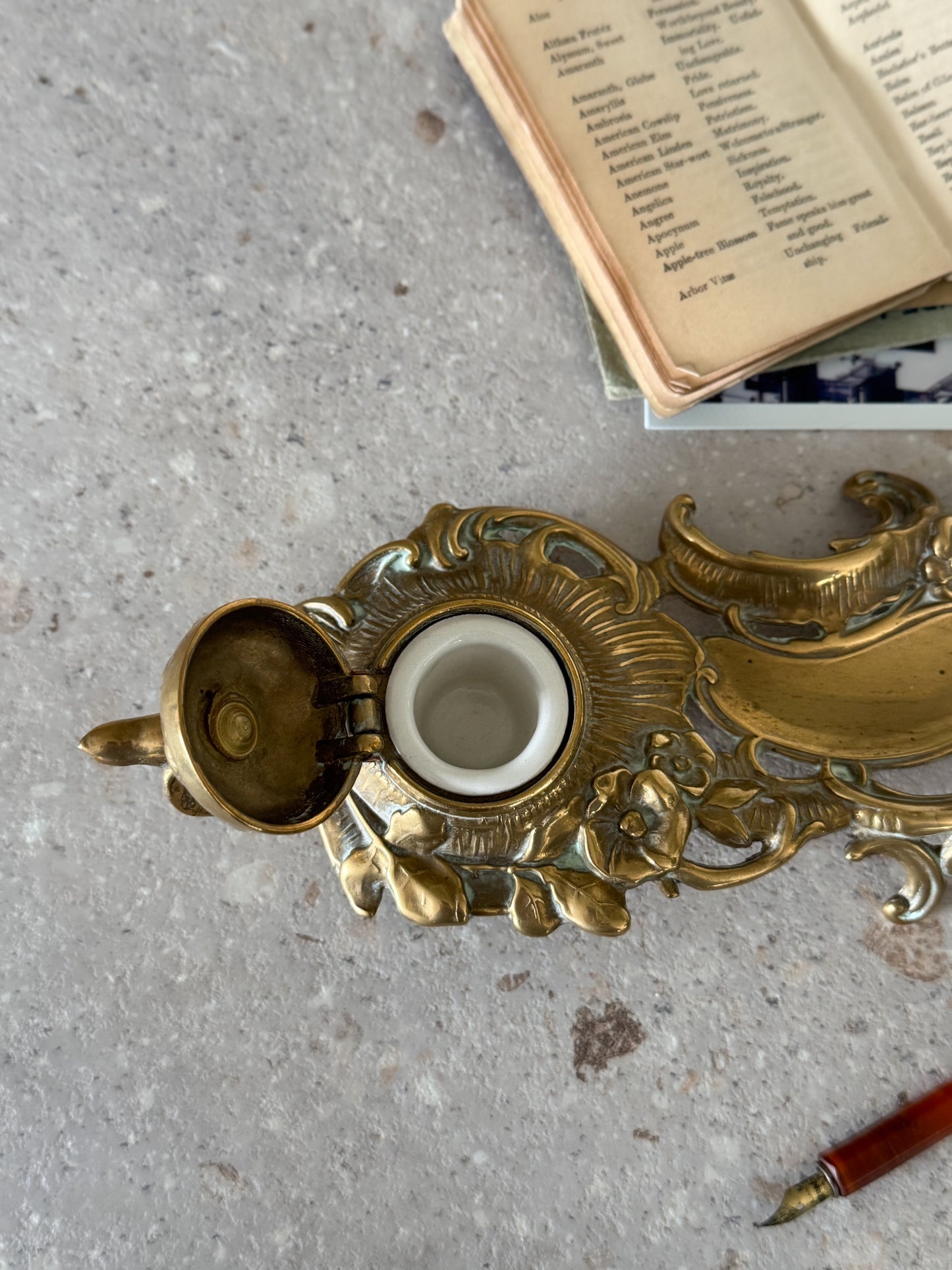 Antique Victorian Brass Inkwell with Ceramic Insert and Bird Detail