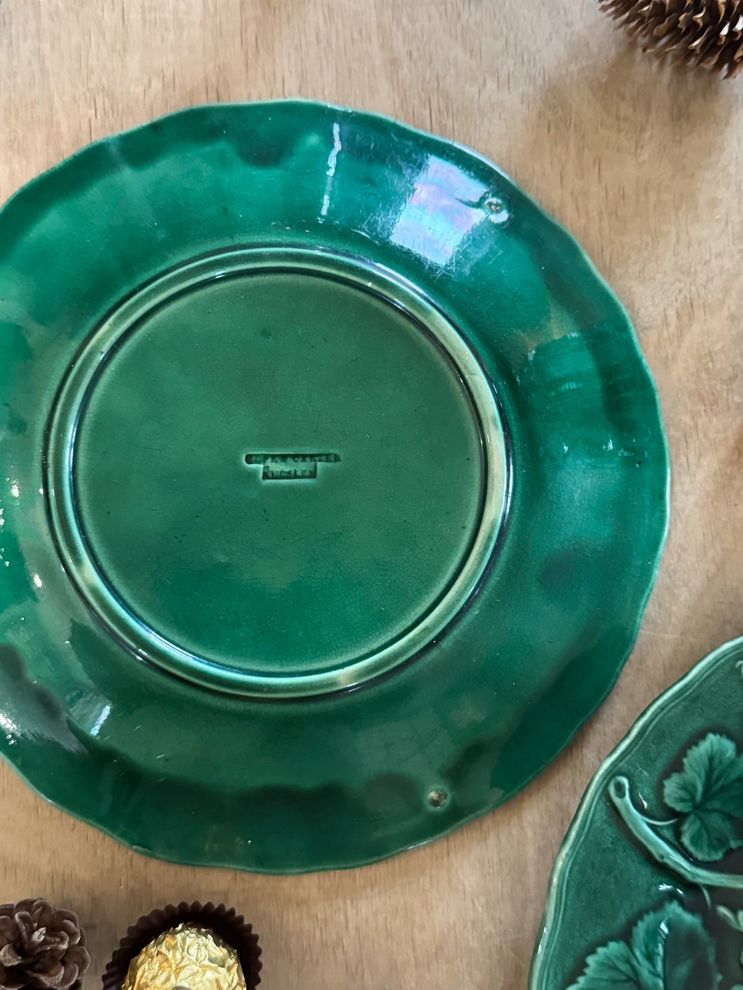 Pair of Antique Green Majolica Plates, Hope & Carter, Burslem