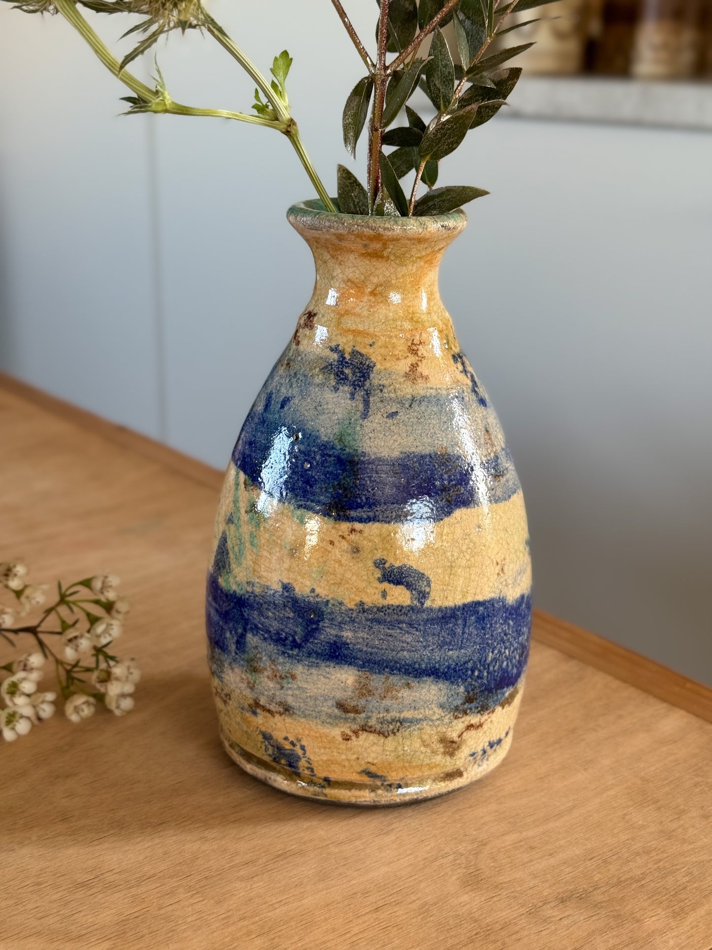 Vintage Blue & Green Abstract Raku Studio Pottery Bottle Vase
