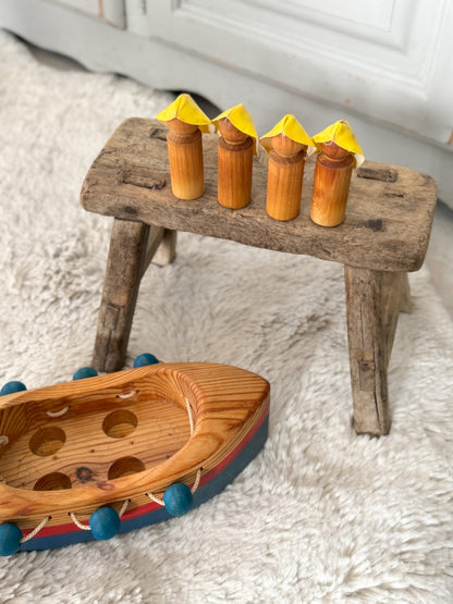 Vintage Wooden Toy Boat with Fishermen