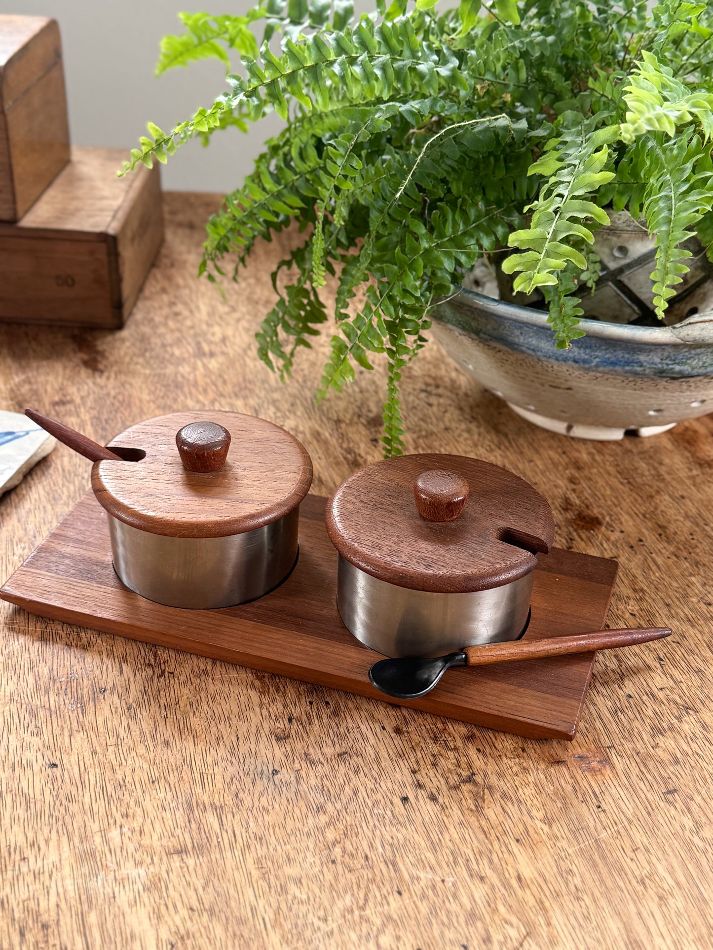 Vintage Danish Midcentury Teak & Stainless Steel Condiment Set • Stamped 18/8 Stainless Denmark