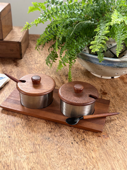 Vintage Danish Midcentury Teak & Stainless Steel Condiment Set • Stamped 18/8 Stainless Denmark
