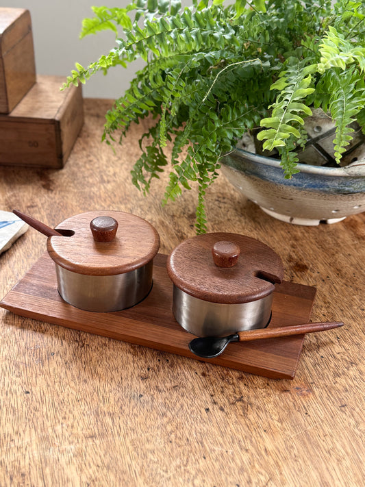 Vintage Danish Midcentury Teak & Stainless Steel Condiment Set • Stamped 18/8 Stainless Denmark