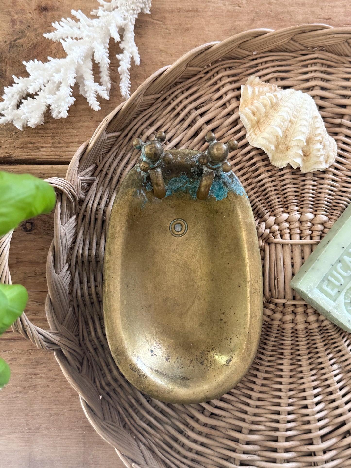 Vintage Solid Brass Bathtub Soap Dish with Verdigris