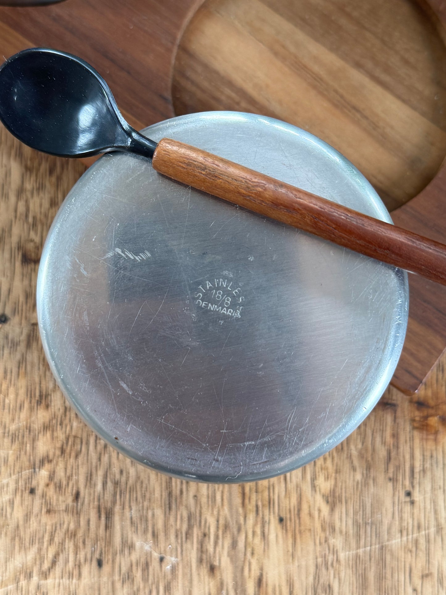 Vintage Danish Midcentury Teak & Stainless Steel Condiment Set • Stamped 18/8 Stainless Denmark