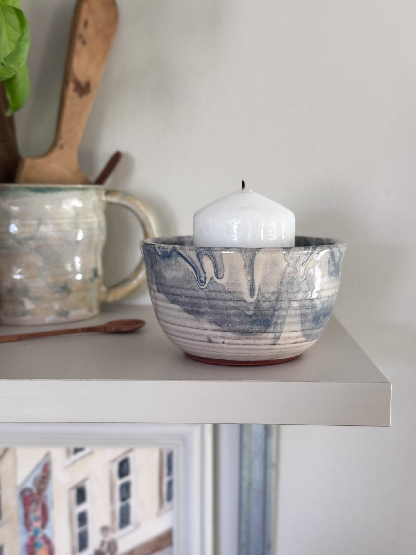 Vintage Blue & Cream Slipware Bowl, Small Studio Pottery Dish