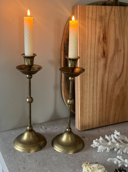 Pair of Vintage Solid Brass Tall Candlesticks with Drip Trays