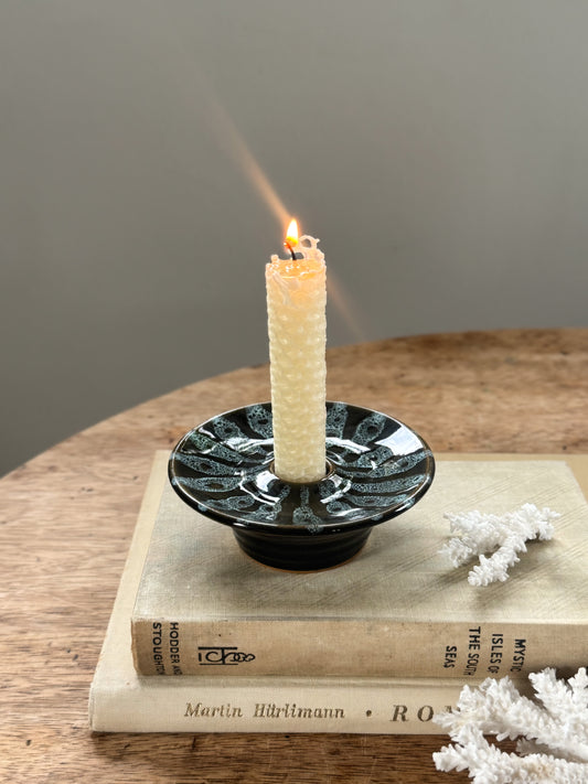 Vintage Studio Pottery Candle Holder with Abstract Floral Design
