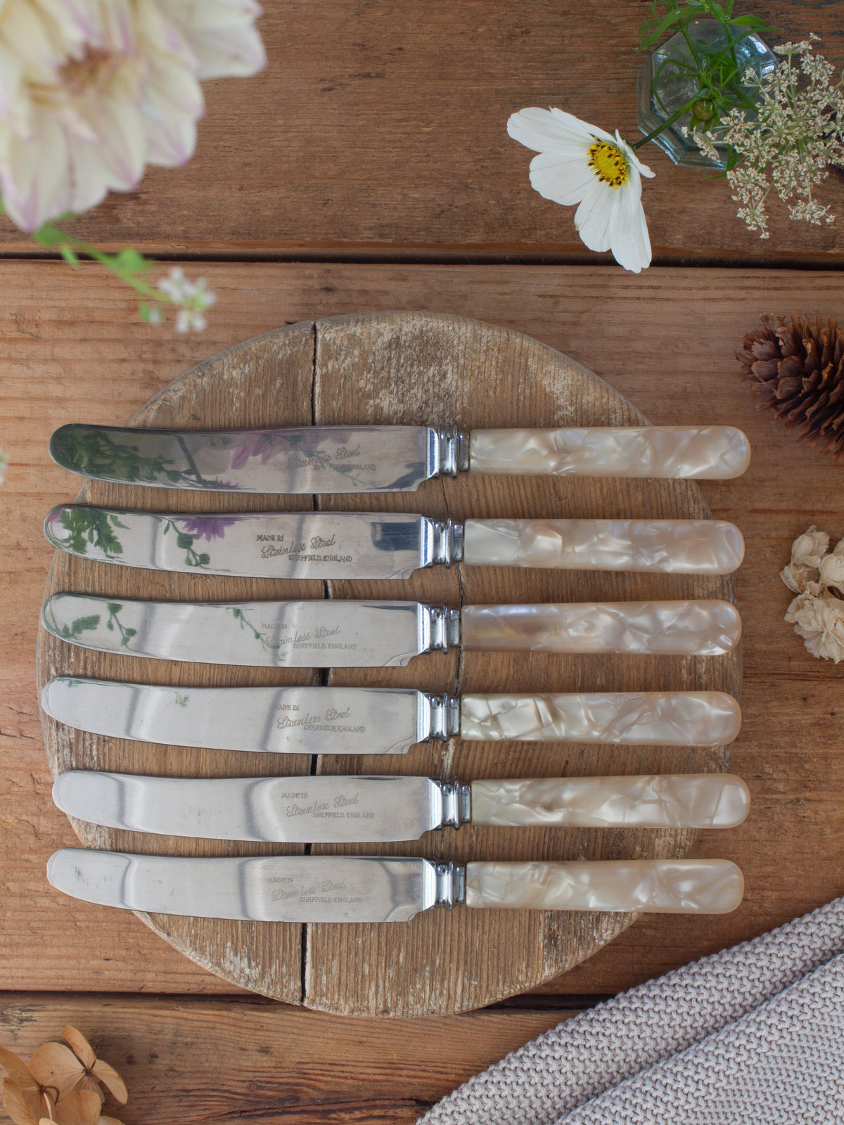Vintage Sheffield Stainless Steel Butter Knives with Pearlescent Handles - Set of 6