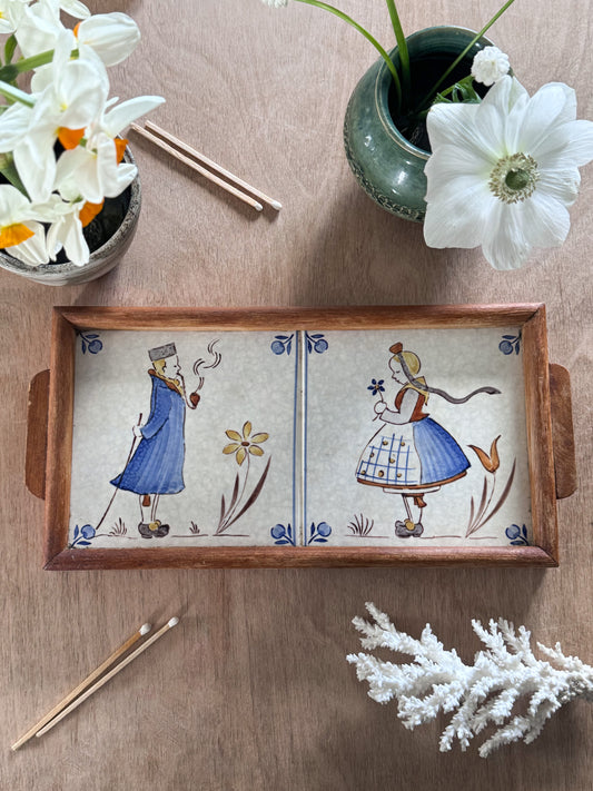 Vintage Handmade Quimper Tile Wooden Tray - Courting Couple